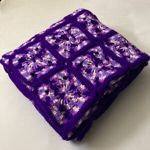 Handmade Purple Granny Square Crochet Afghan - Retro Boho Sunburst Throw